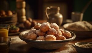 A rustic bowl filled with powdered sugar-dusted dough balls, surrounded by ingredients and utensils, creating a cozy kitchen scene.