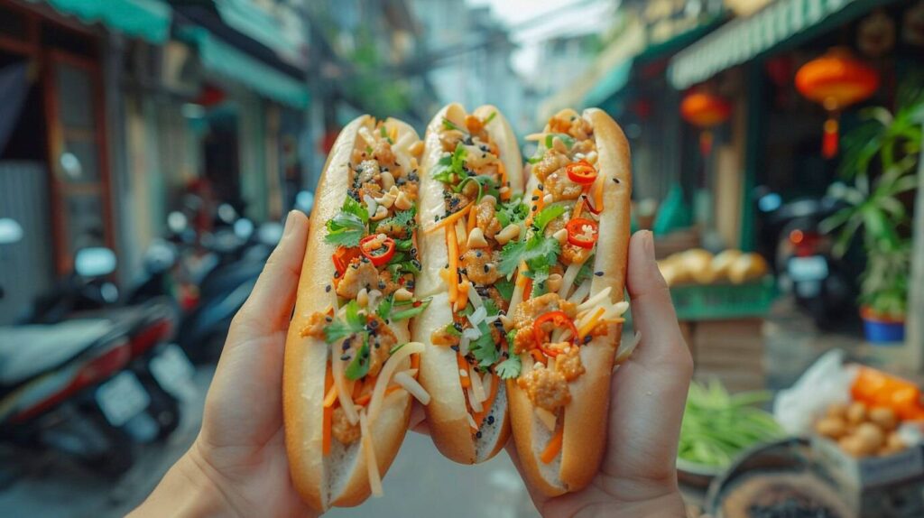 Two hands holding three Vietnamese banh mi sandwiches filled with meat, fresh herbs, and vegetables, set against a bustling street background.